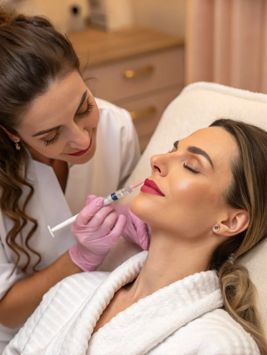 A patient receiving dermal filler injections in their lips, with a focus on the injector's technique and the immediate plumping effect. The background shows the professional environment of Sanghvi Face and Dental Hospital.