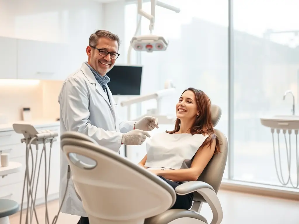 A dentist performing a routine dental check-up on a patient, showcasing the clinic's commitment to preventative care.