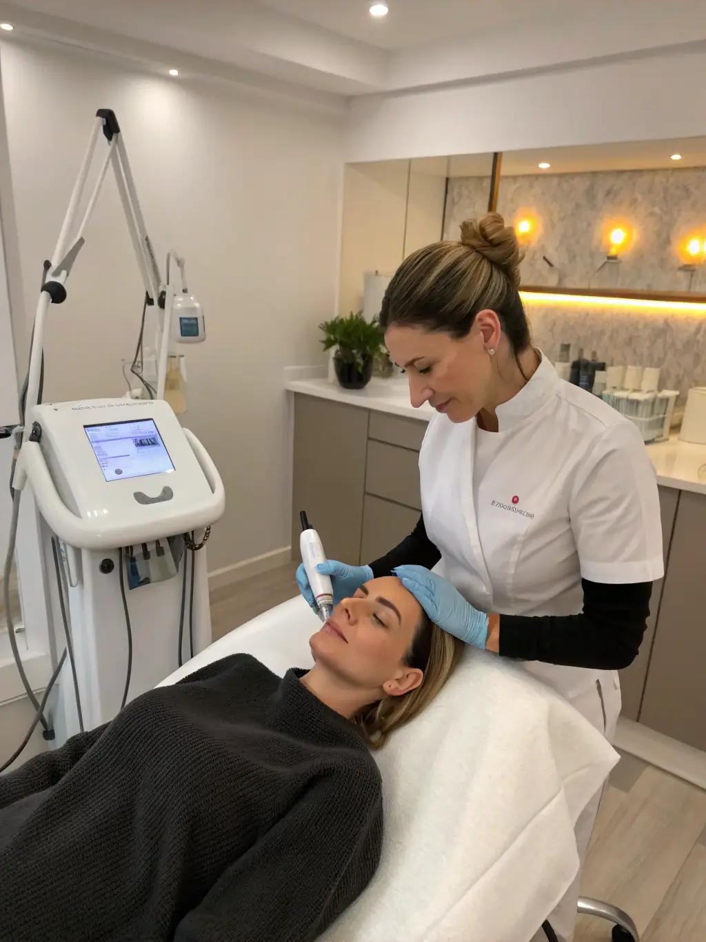 A patient undergoing a non-surgical facelift procedure, with a focus on the advanced technology and techniques used. The setting is a comfortable and sterile treatment room at Sanghvi Face and Dental Hospital.